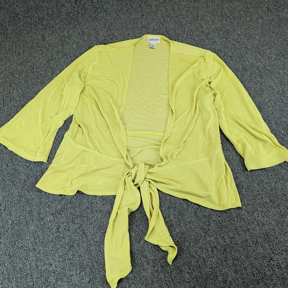 Chicos Womens Tie Front Cardigan Size 2 Large Lime Green Acetate Knit Wrap Top